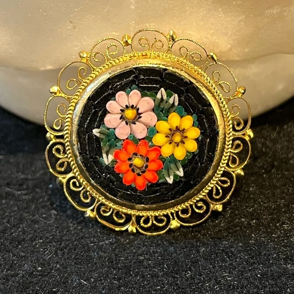 Vintage Italian Micro Mosaic Floral Gold Plated Filigree Brooch Pin